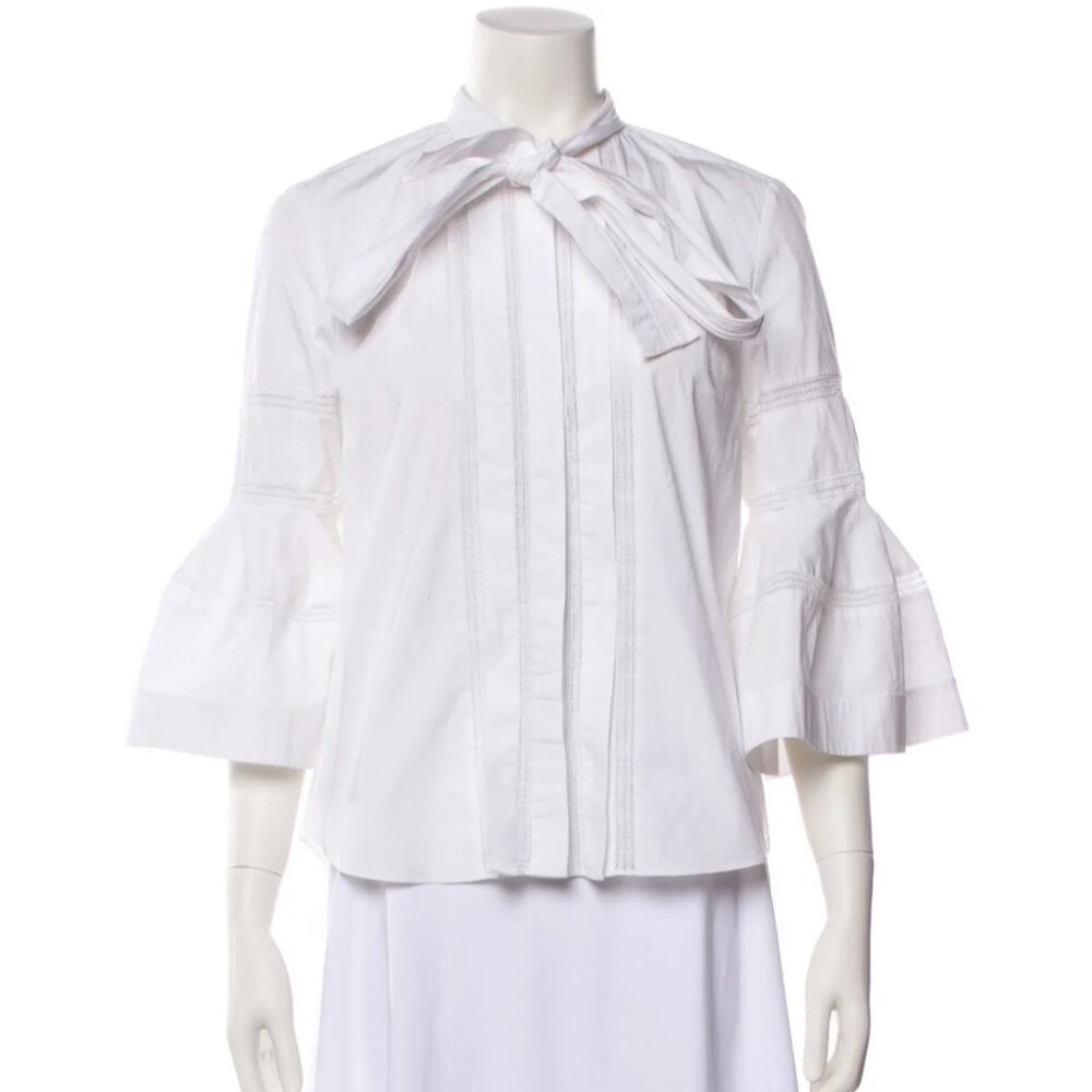 CAROLINA HERRERA Mock Neck Three-Quarter Button-Up Top